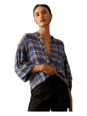 Pilcro Womens Colorful Plaid Half Button Front Popover Flannel Top Size 2X